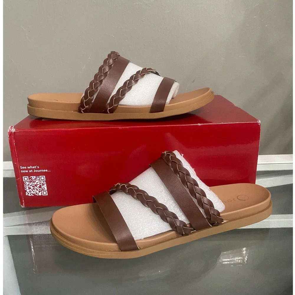 Journee Collection Colette Brown Braided Multi Strap Slide Sandals Womens 9M